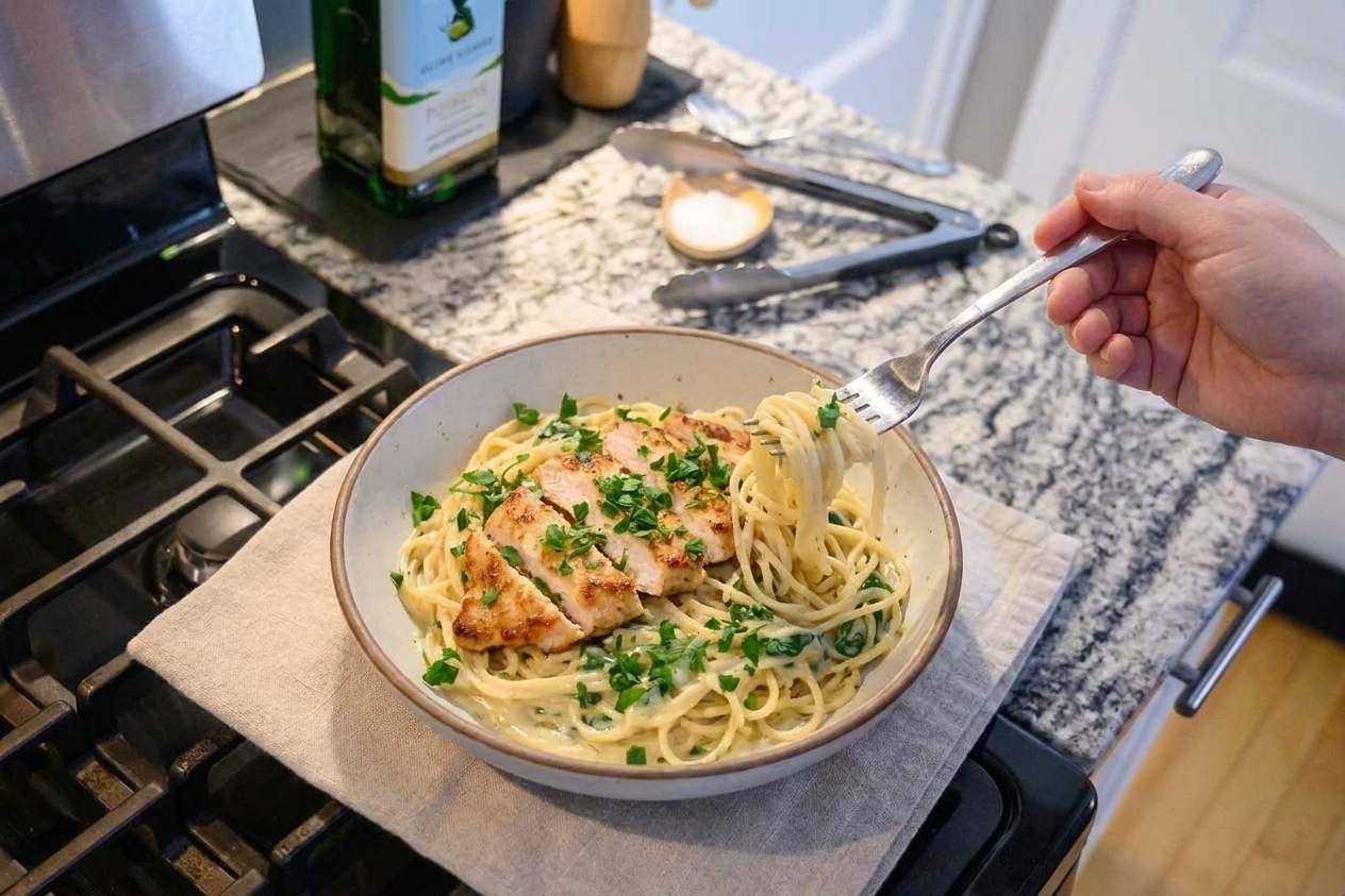 A plated bowl of gluten free dairy free lemon chicken pasta topped with sliced chicken and chopped parsley on a simple table setting