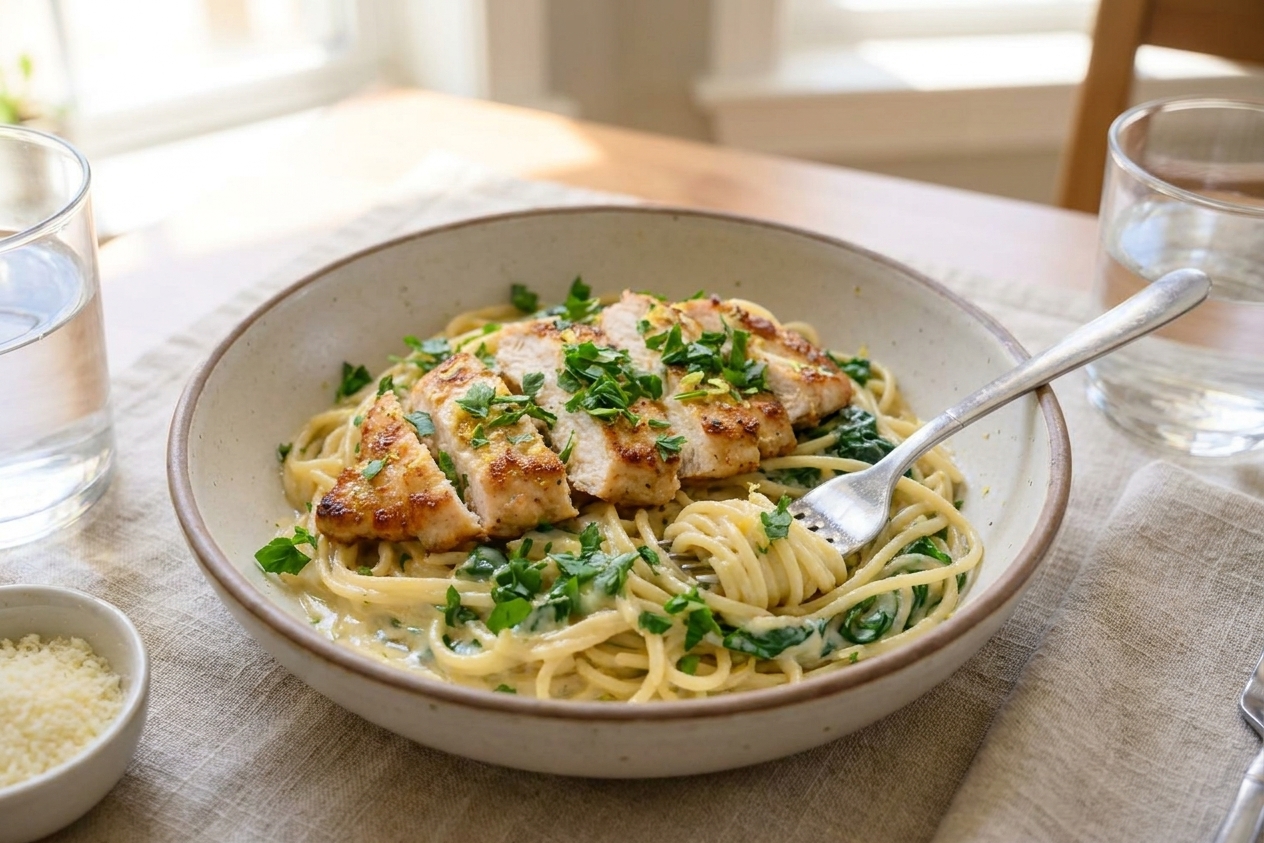 A plated bowl of gluten free lemon chicken pasta with wilted spinach and fresh parsley on a neutral-toned table setting in bright natural kitchen light