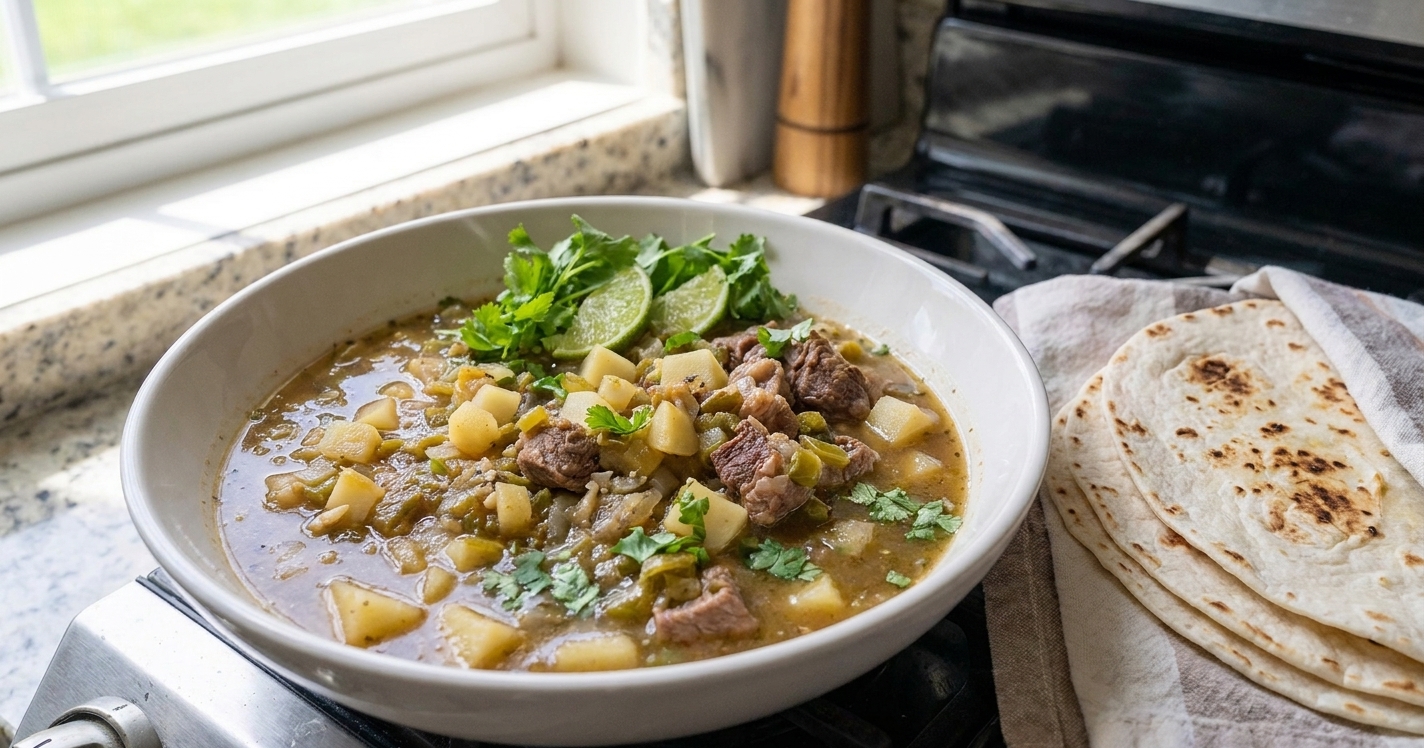 A plated bowl of green chili pork stew garnished with cilantro, served with warm tortillas on the side at a kitchen table