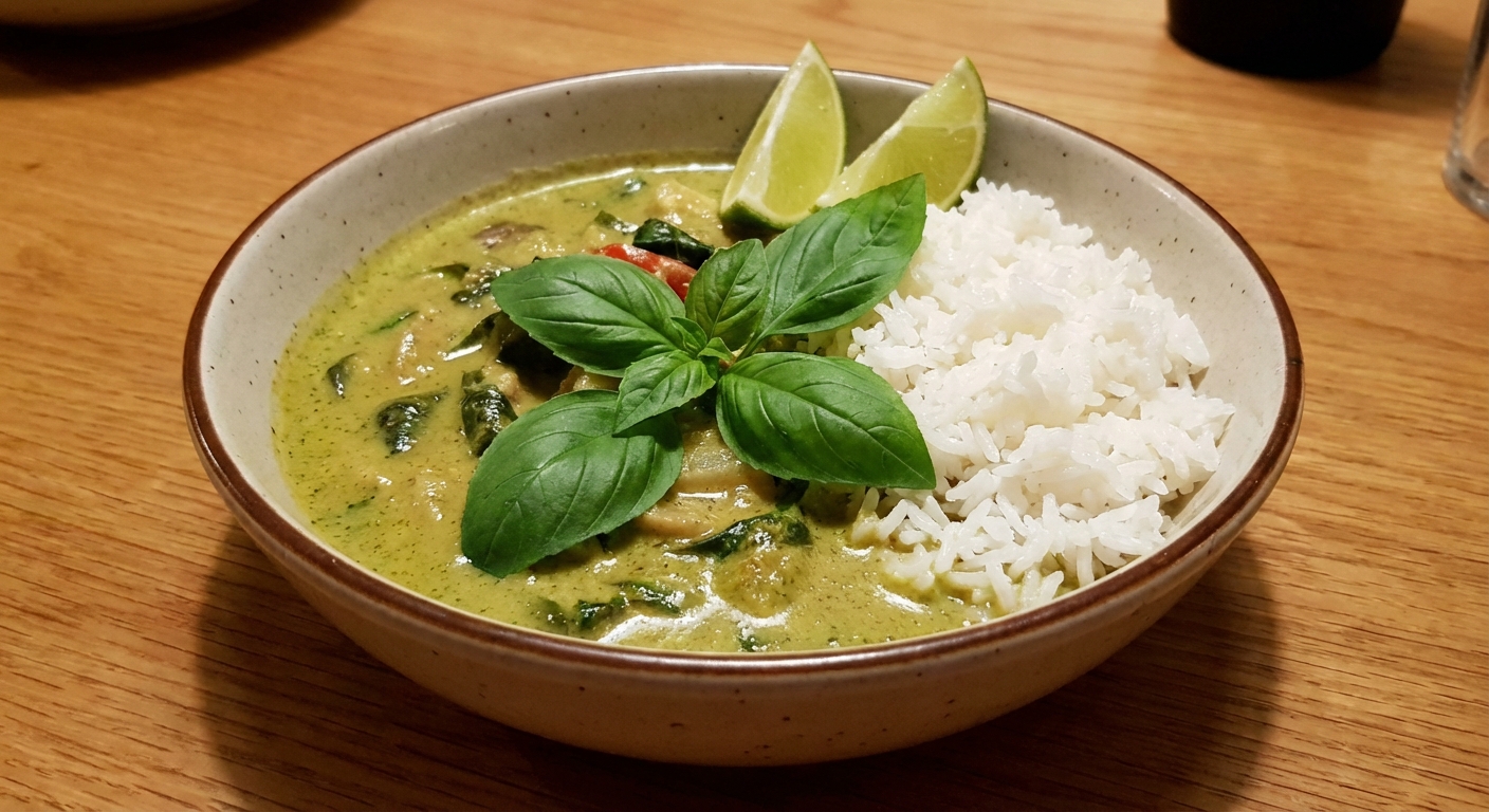 A plated bowl of green curry served over jasmine rice with basil and lime wedges