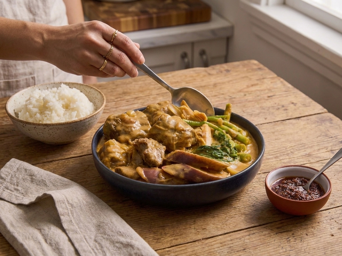 A plated bowl of kare kare peanut stew beside a mound of steamed rice and a small dish of shrimp paste on a dining table