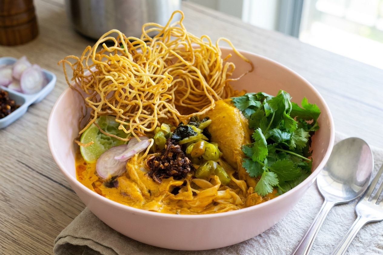 A plated bowl of khao soi on a wooden table with crispy noodles on top, sliced shallots and cilantro, and a lime wedge on the side