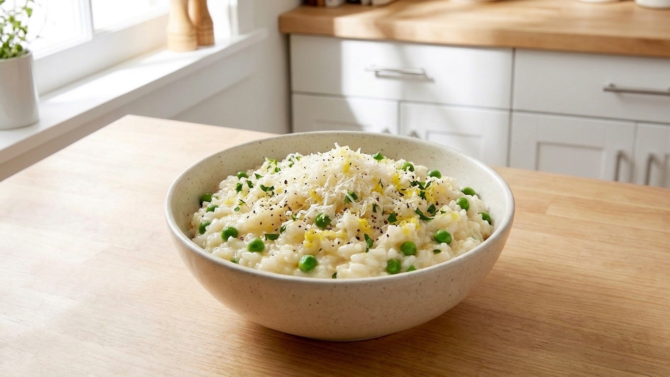 A plated bowl of lemon Parmesan risotto with peas topped with extra grated Parmesan and cracked black pepper on a dining table