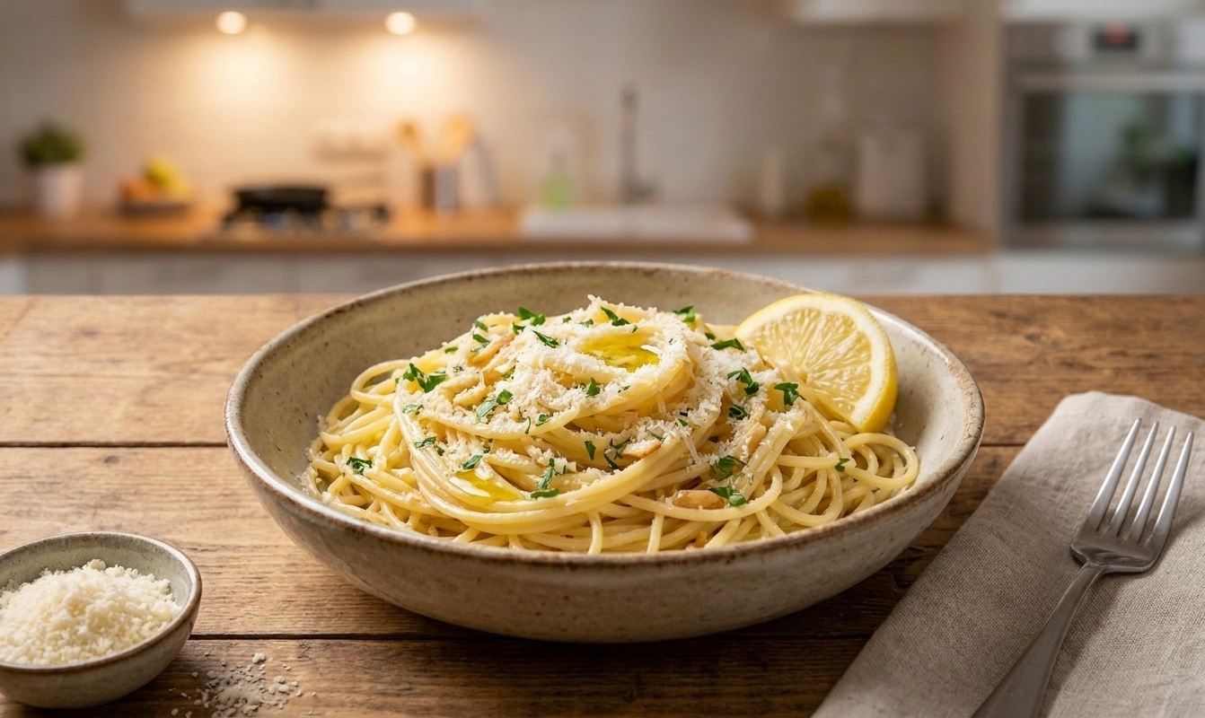 A plated bowl of lemon garlic pasta topped with Parmesan and parsley on a simple dinner table setting