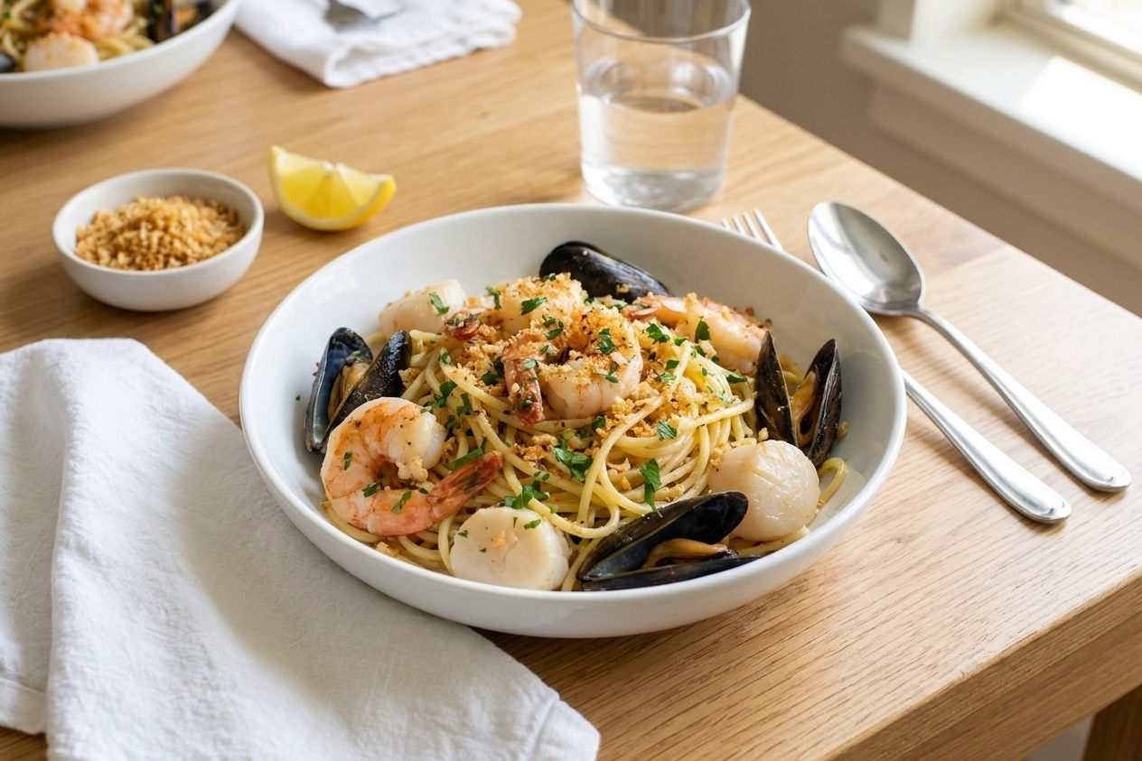A plated bowl of lemon garlic seafood pasta topped with toasted breadcrumbs and chopped parsley on a set dinner table with simple plates and linen napkins