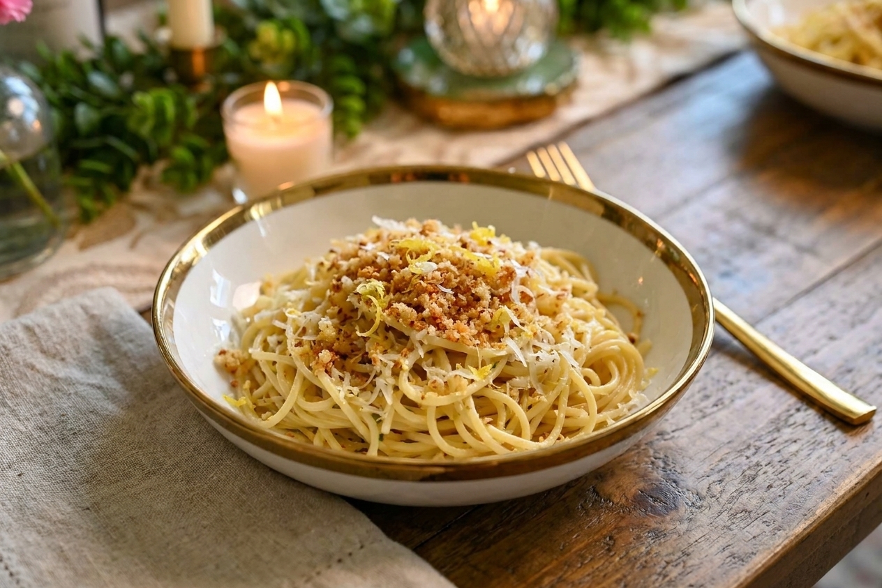 A plated bowl of lemon herb spaghetti topped with toasted garlic breadcrumbs and Parmesan on a rustic table with linen napkin, candlelight in the background