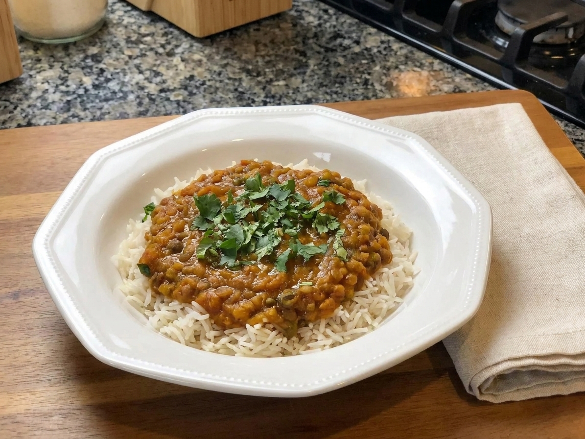 A plated bowl of lentil curry served over basmati rice with chopped cilantro on top, set on a simple dinner table with a folded napkin