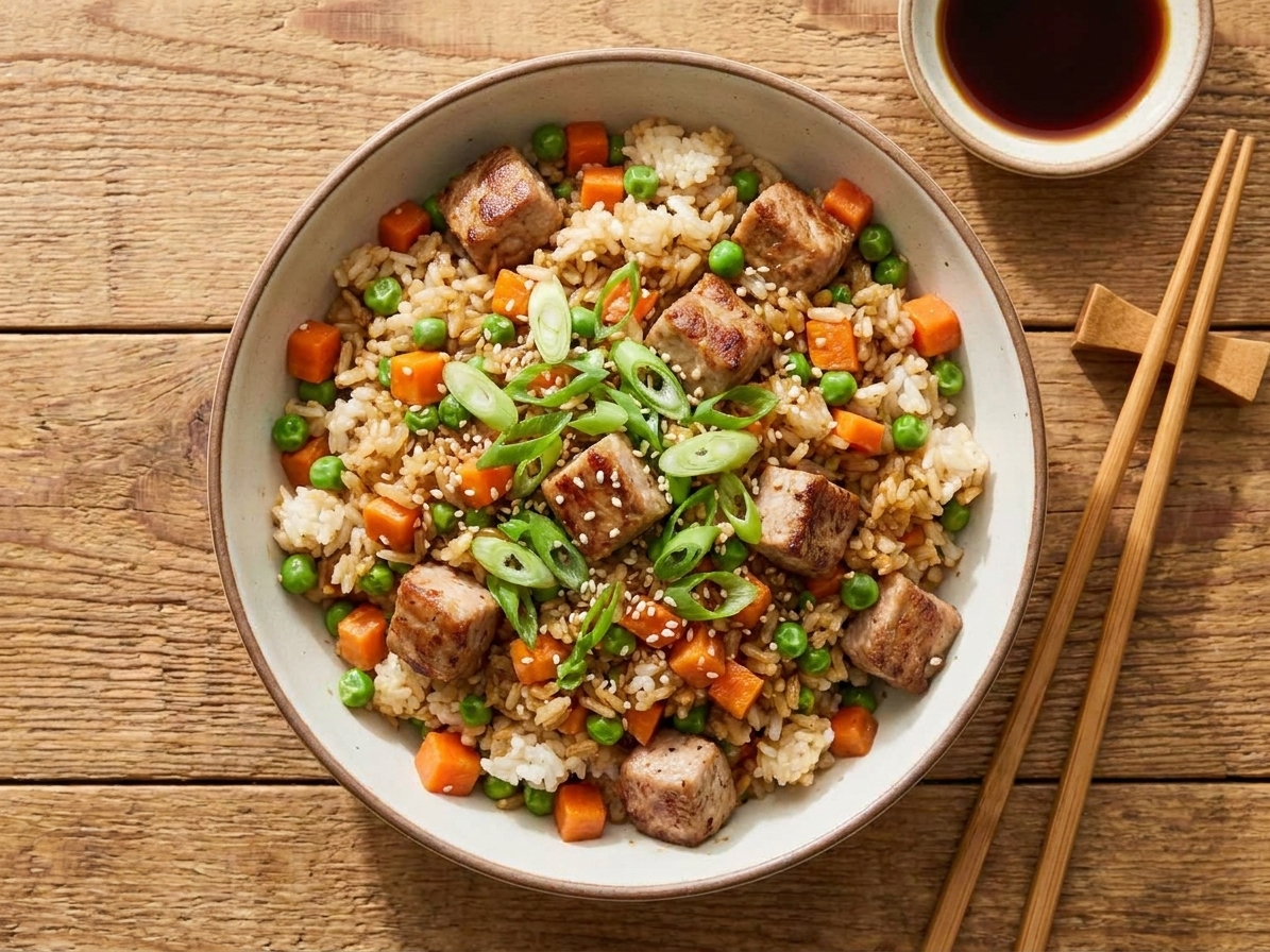 A plated bowl of pork fried rice topped with sliced scallions and sesame seeds on a wooden table setting