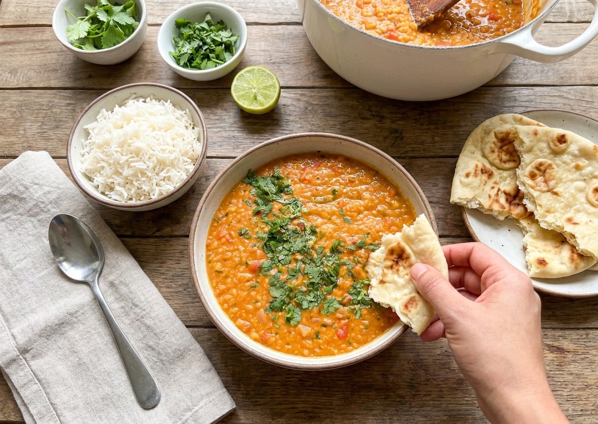 A plated bowl of red lentil curry with cilantro on top, served with basmati rice and naan on a simple dining table with soft natural light