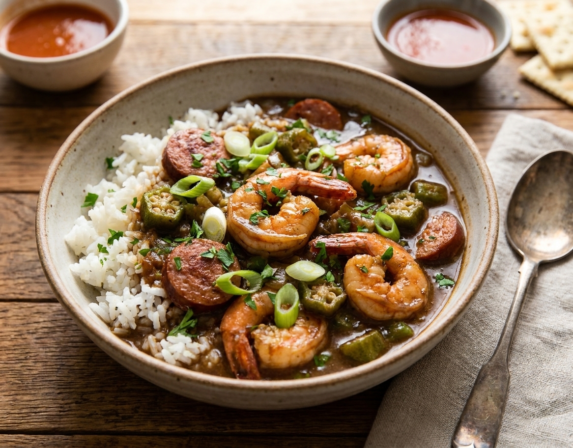 A plated bowl of shrimp gumbo over rice garnished with sliced scallions and chopped parsley on a rustic table setting