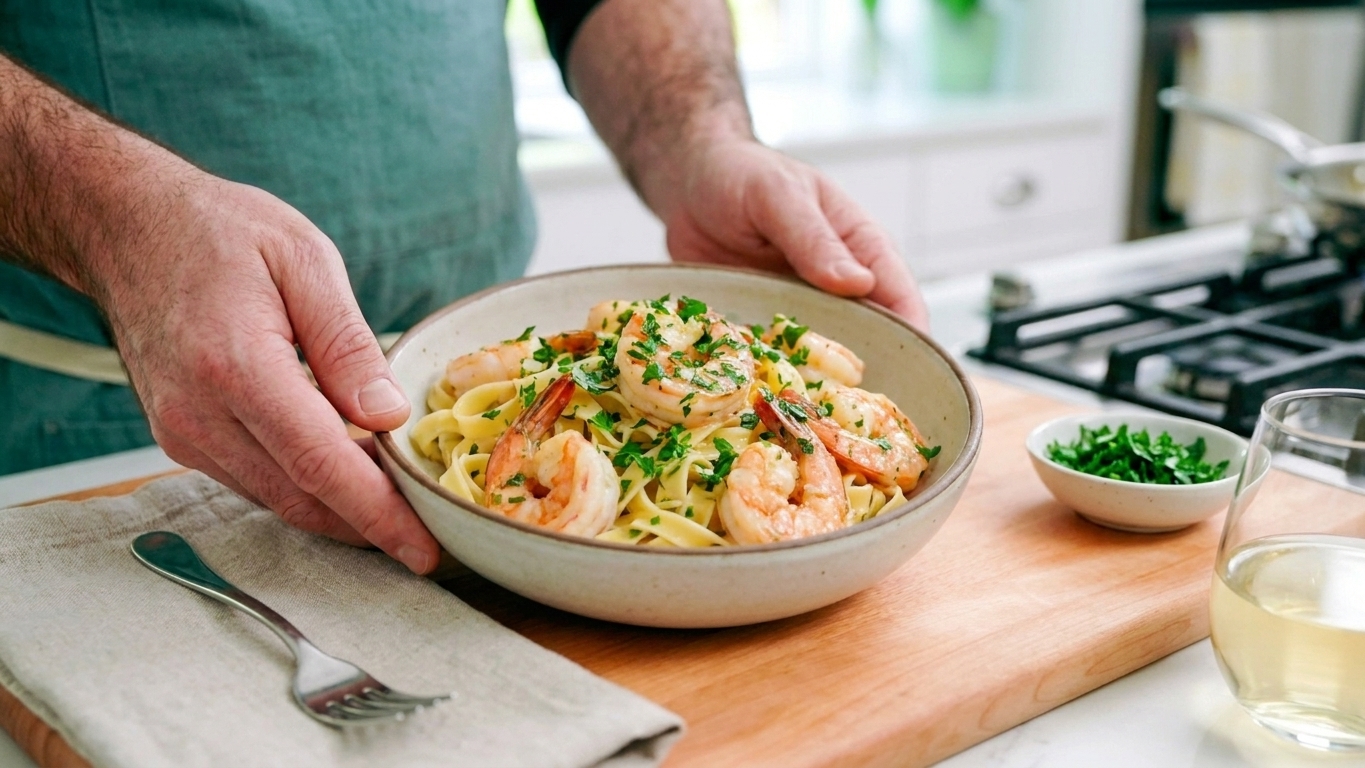 A plated bowl of shrimp pasta tossed in garlic lemon scampi sauce, topped with chopped parsley on a simple dinner table setting