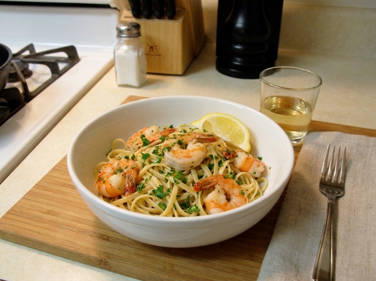A plated bowl of shrimp scampi pasta topped with parsley and a lemon wedge on a simple dinner table setting