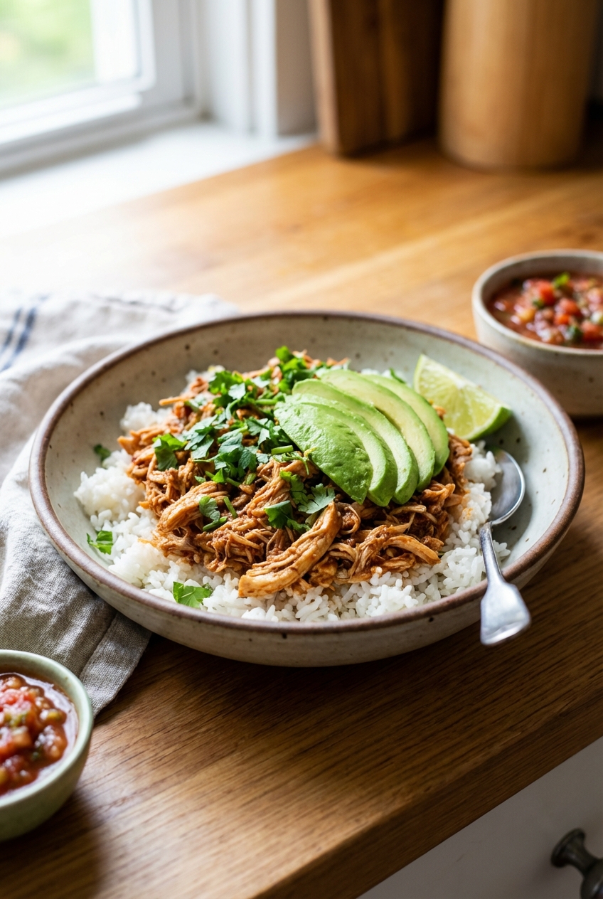 A plated bowl of smoky spicy Mexican chicken over rice with cilantro and avocado slices