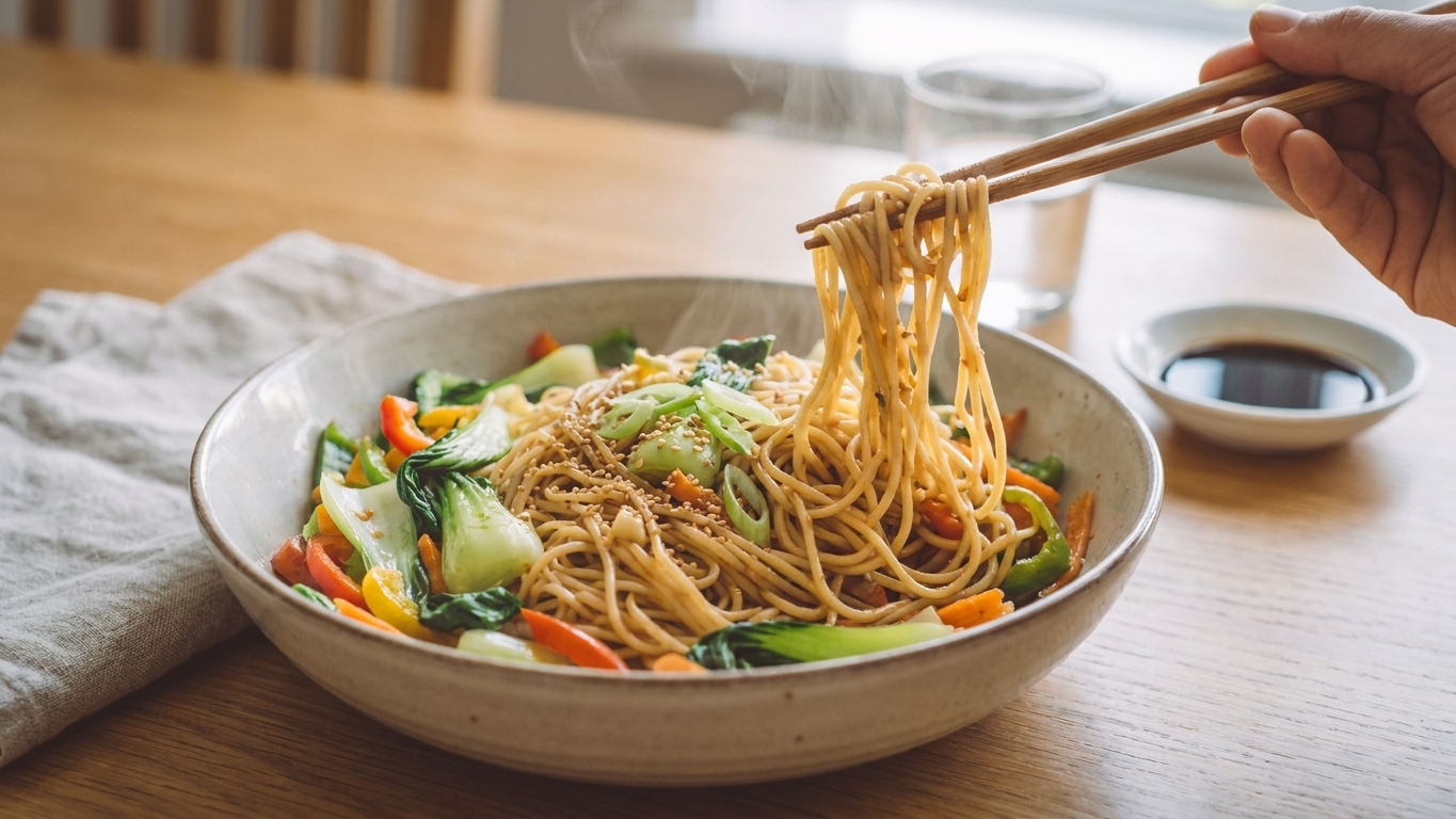 A plated bowl of soy sauce noodles with crisp vegetables, sesame seeds, and sliced green onions on a simple dinner table setting