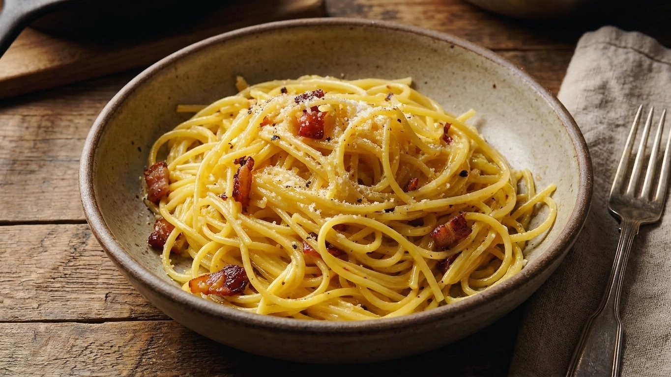 A plated bowl of spaghetti carbonara with glossy strands, crispy guanciale pieces, and freshly cracked black pepper on top on a stoneware plate at a warm kitchen table