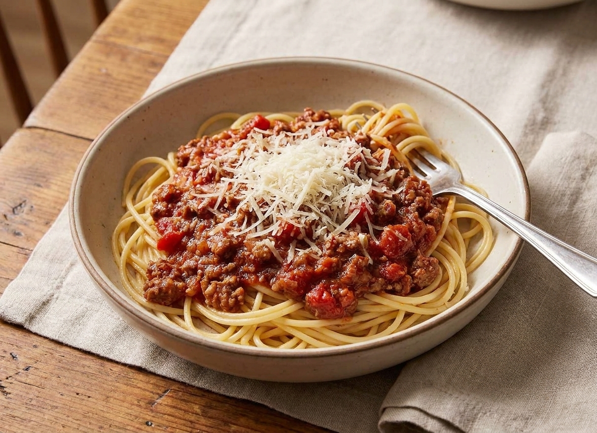 A plated bowl of spaghetti topped with thick meat sauce and grated Parmesan on a dinner table with simple linens