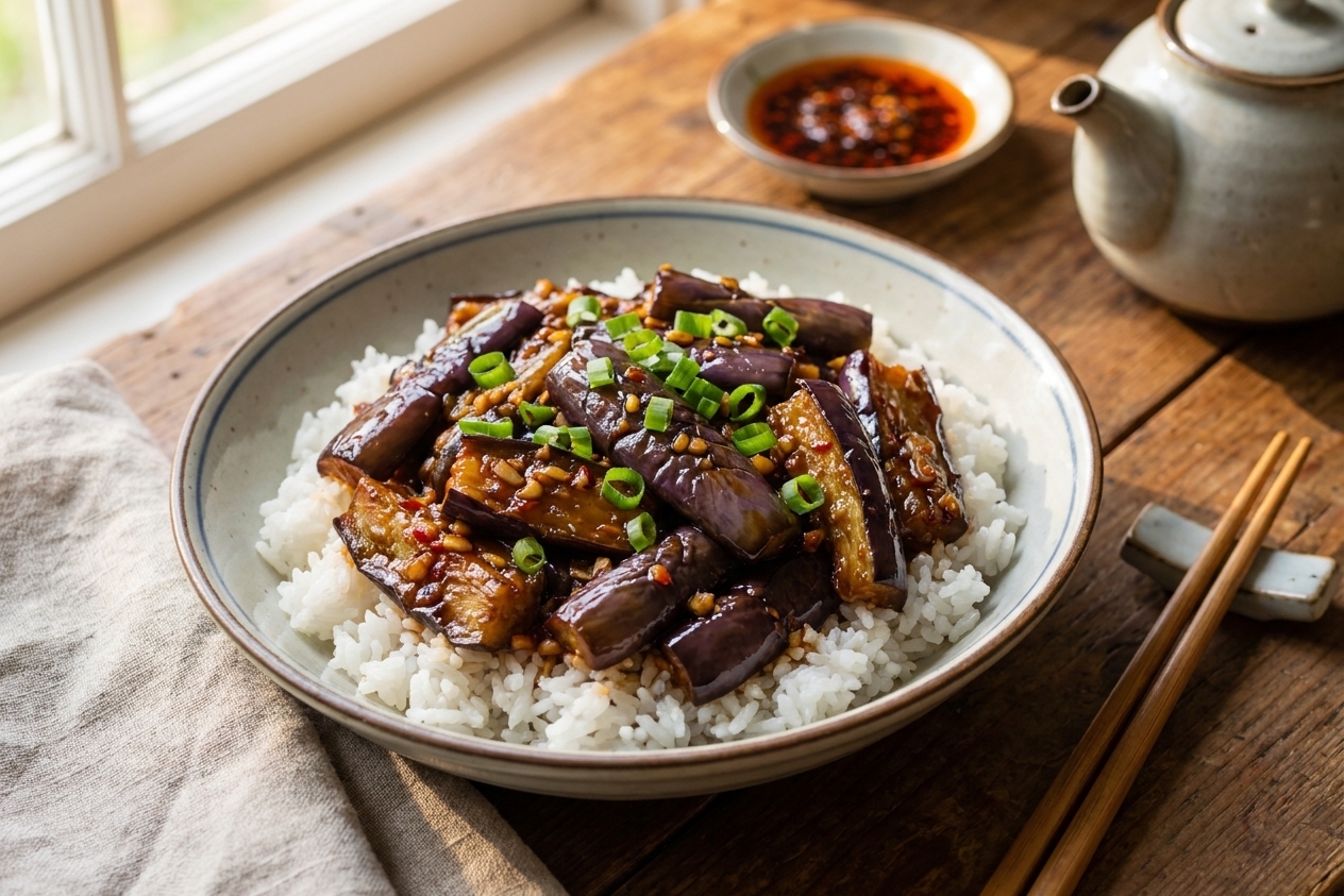 A plated bowl of spicy garlic Chinese eggplant spooned over white rice with scallions on top, set on a simple table setting