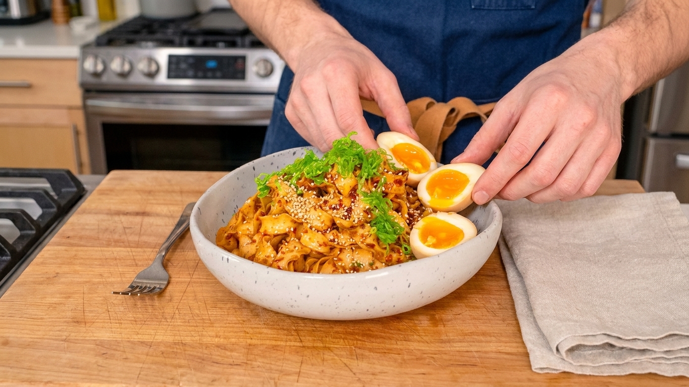 A plated bowl of spicy garlic noodles topped with sliced jammy eggs, scallion greens, and sesame seeds on a wooden table with a fork and napkin