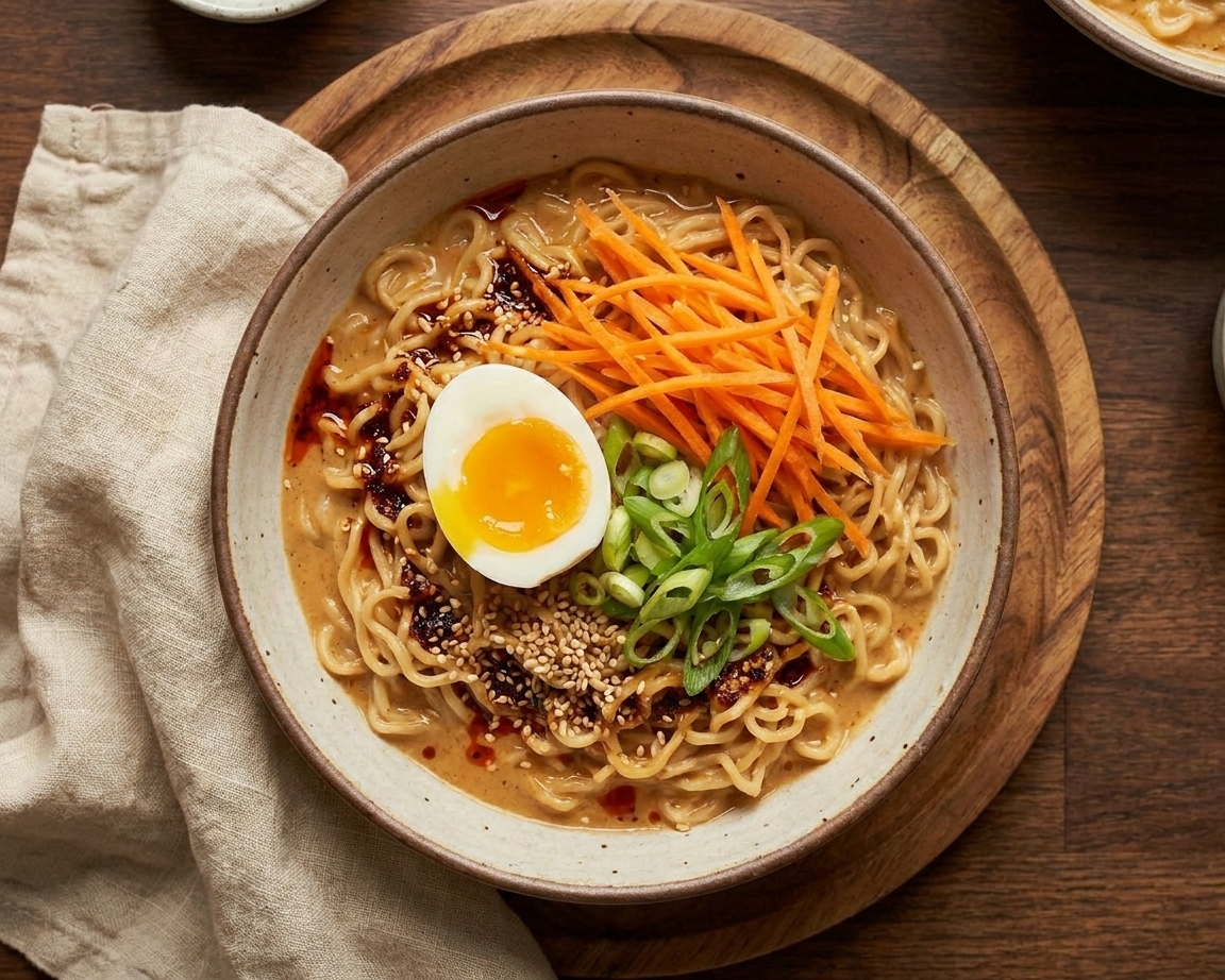 A plated bowl of spicy garlic peanut ramen topped with a jammy egg, shredded carrots, and sliced scallions under warm kitchen lighting