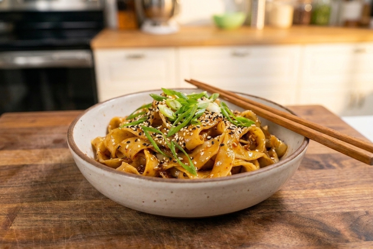 A plated bowl of spicy garlic sesame noodles topped with scallions and sesame seeds, served on a wooden table with chopsticks