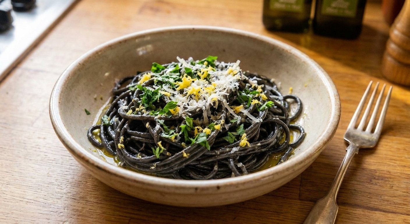 A plated bowl of squid ink pasta finished with chopped parsley, lemon zest, and grated Parmesan on a wooden table with a fork beside it