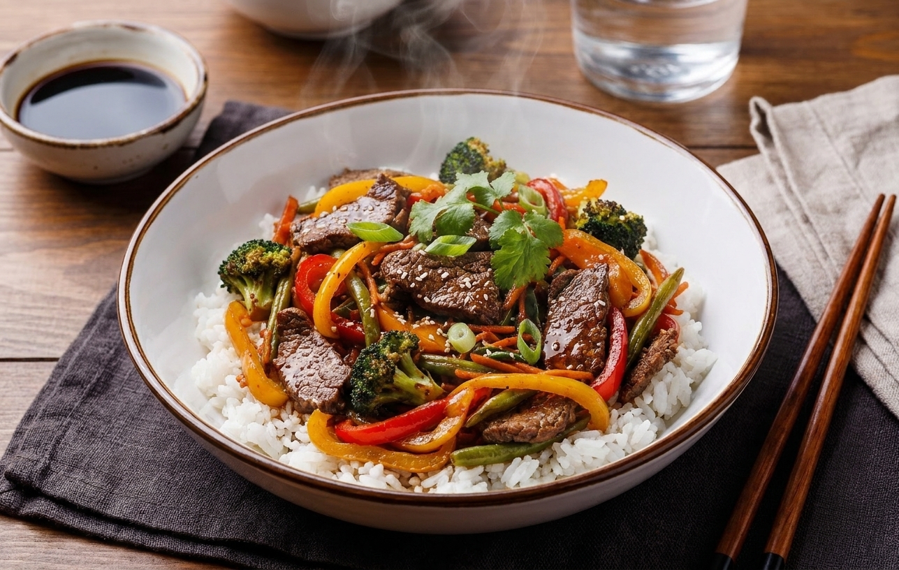 A plated bowl of steak stir fry over white rice with sesame seeds and sliced green onions on a simple dinner table setting