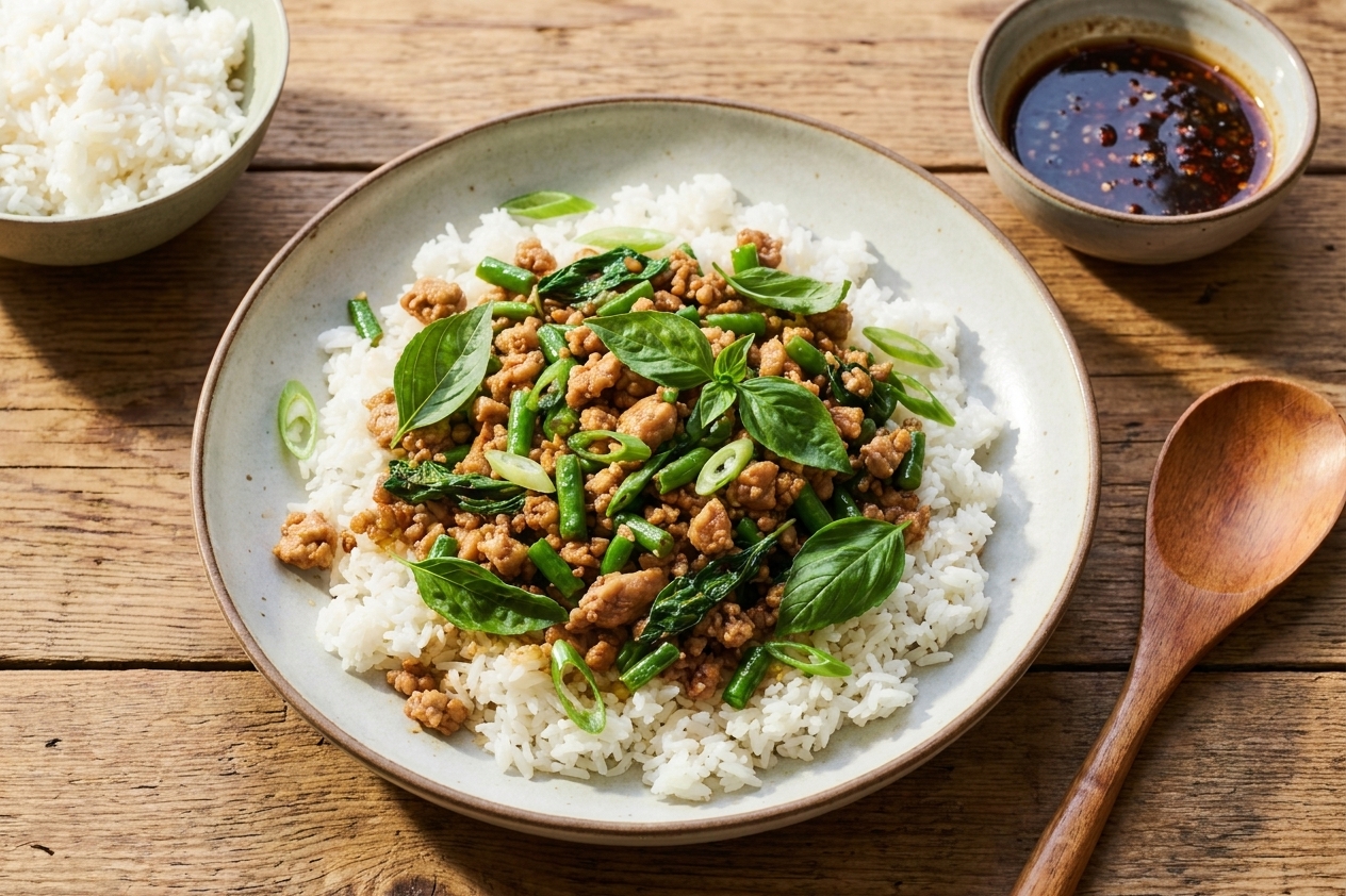A plated bowl of steamed jasmine rice topped with Asian basil chicken and fresh basil leaves, set on a simple wooden table with a small bowl of extra sauce nearby
