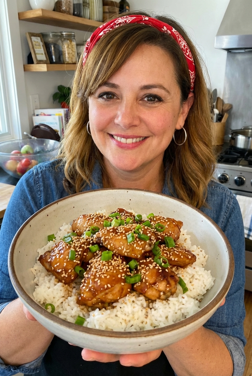 A plated bowl of tangy and sweet chicken over white rice with sesame seeds and green onions