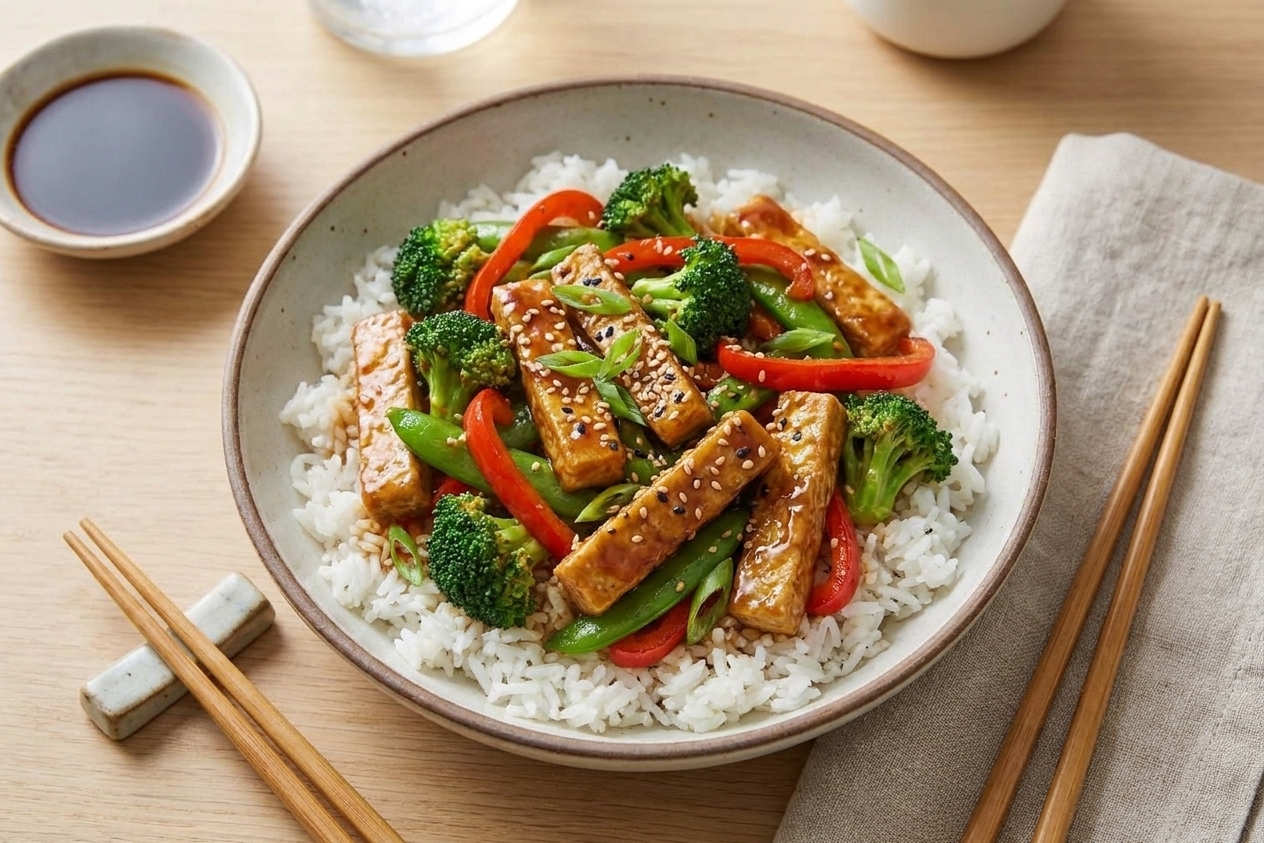 A plated bowl of tofu stir fry over rice with sesame seeds and sliced scallions on a dinner table