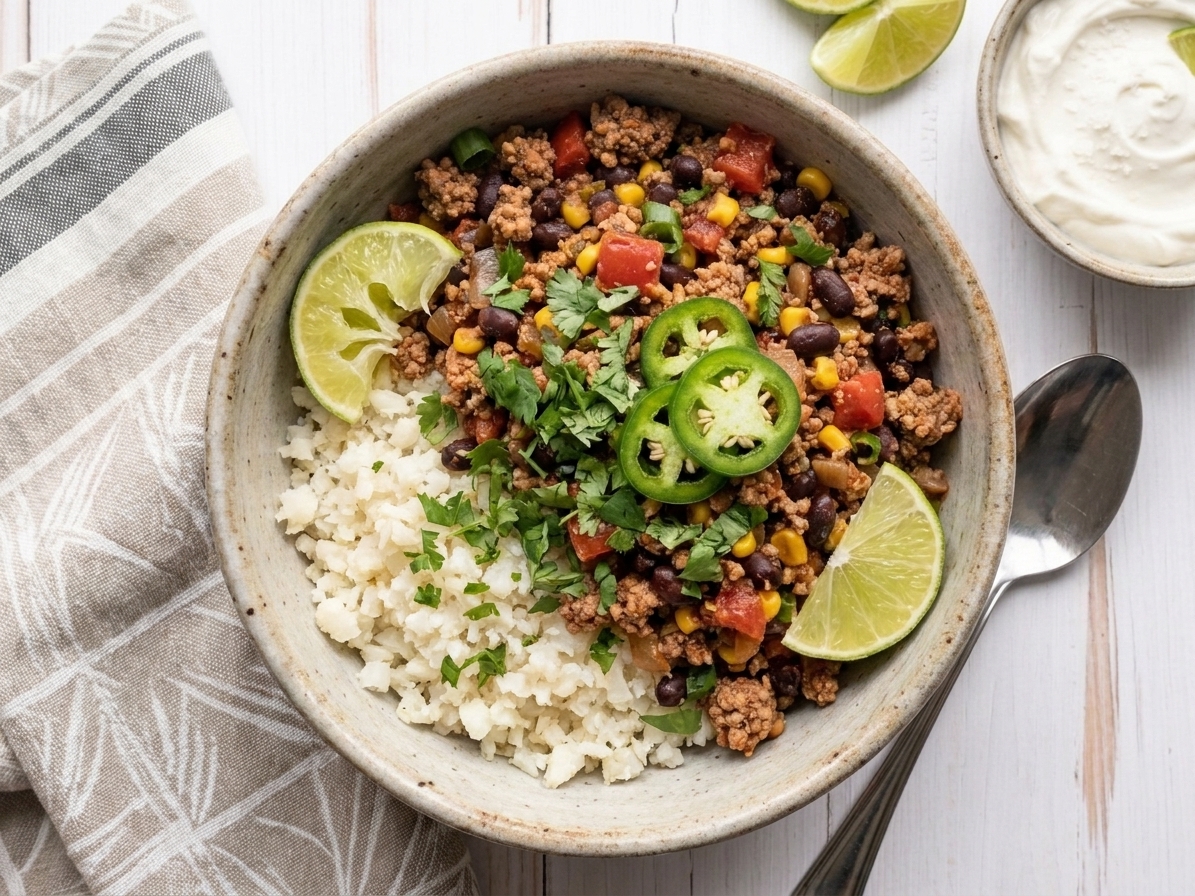 A plated bowl of turkey taco skillet with cauliflower rice, cilantro, jalapeño slices, and a lime wedge on a simple dinner table setting