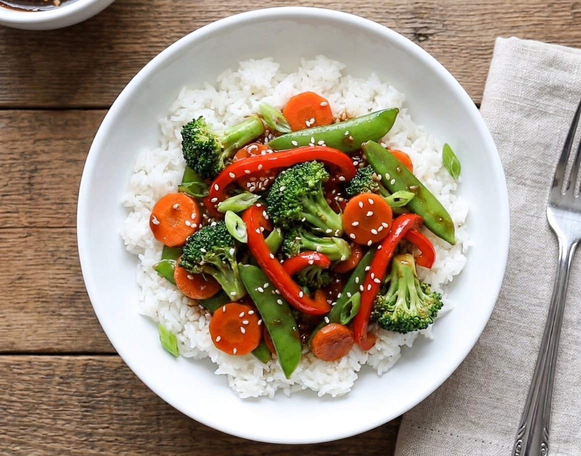 A plated bowl of vegetable stir fry over steamed rice with sesame seeds and sliced scallions on a simple dinner table setting