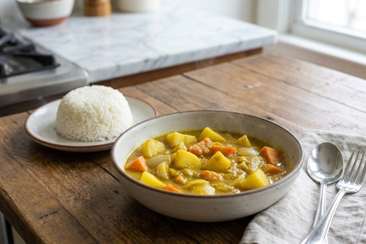 A plated bowl of yellow curry next to a mound of jasmine rice on a simple dinner table setting