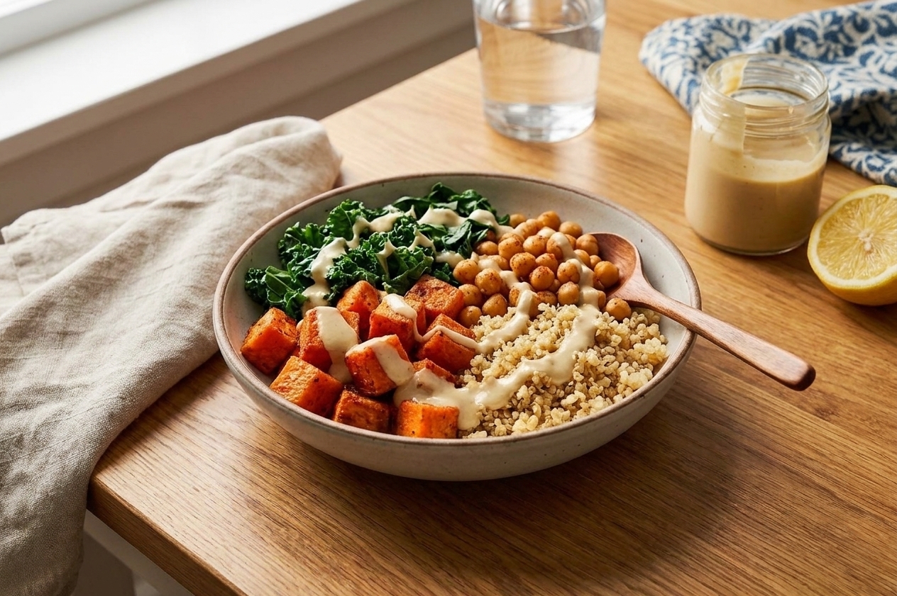 A plated bowl with quinoa, roasted sweet potatoes, chickpeas, sautéed greens, and lemon tahini sauce on a warm wood table setting