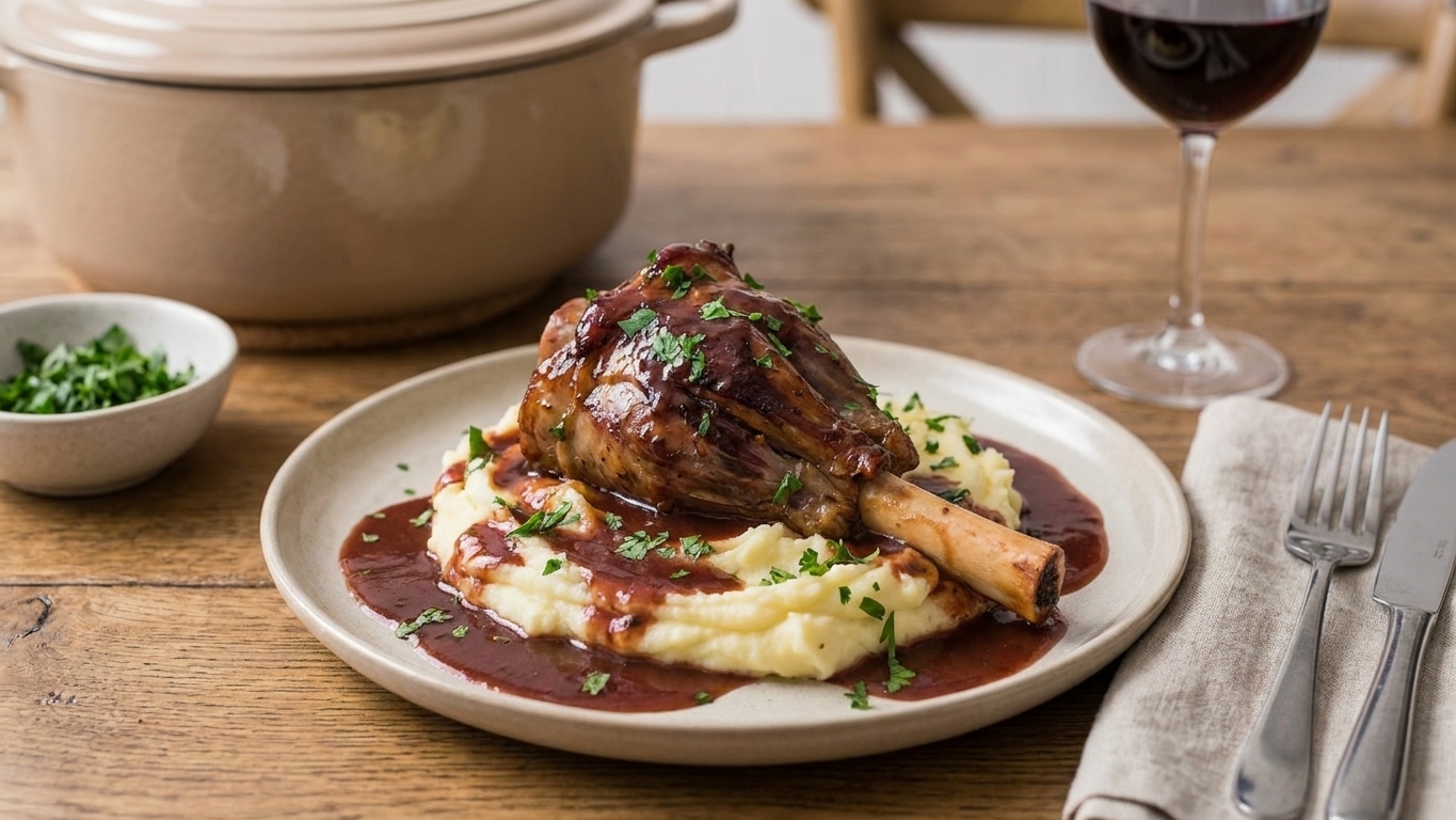 A plated braised lamb shank over creamy mashed potatoes with red wine sauce and parsley on a simple dinner table setting