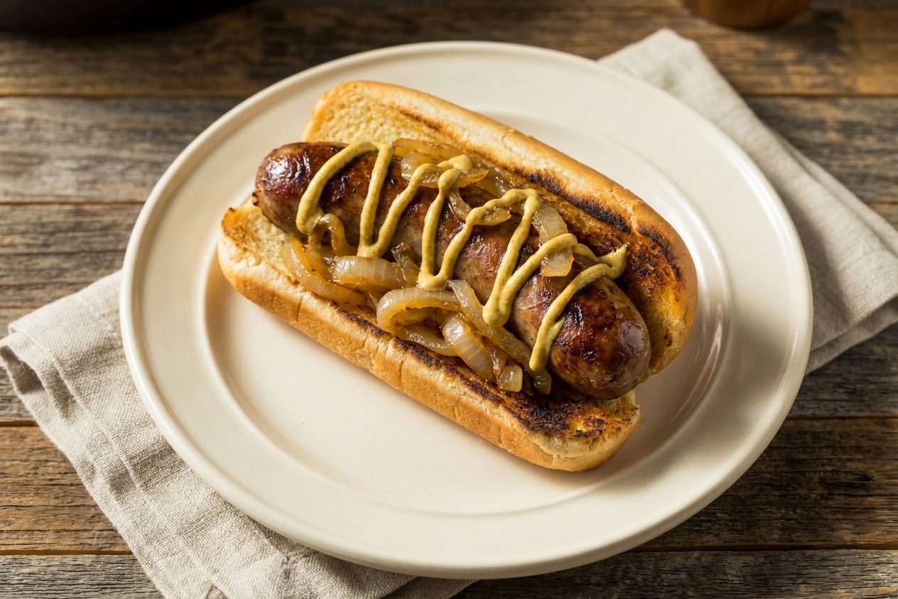 A plated bratwurst in a toasted bun topped with golden onions and mustard, served on a simple dinner plate with a napkin on a wooden table