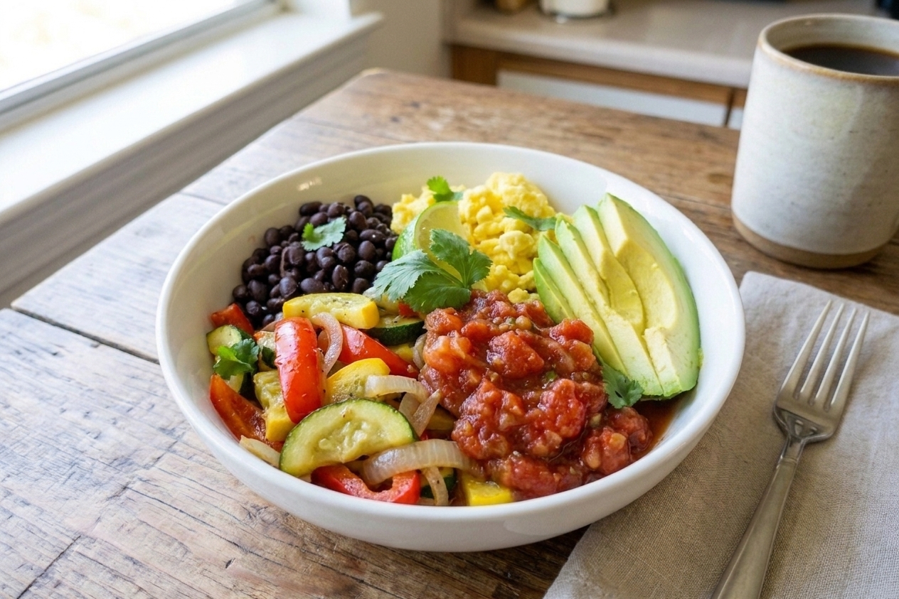 A plated breakfast bowl with scrambled eggs, black beans, sautéed peppers and onions, salsa, and sliced avocado