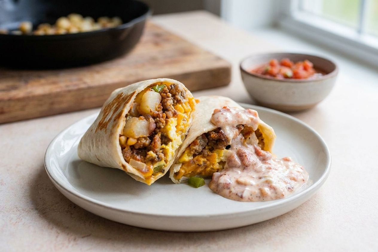 A plated breakfast burrito cut in half with salsa crema on the side, set on a simple ceramic plate on a kitchen table
