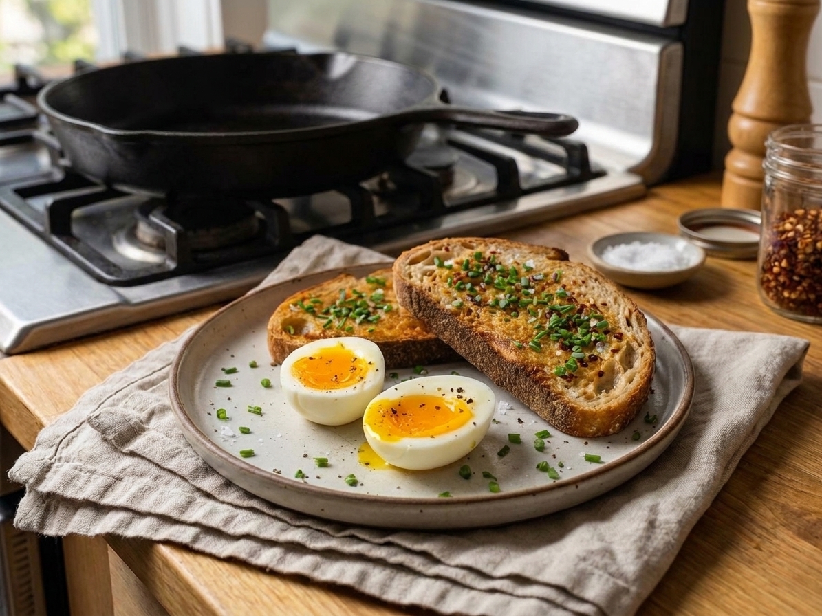 A plated breakfast with jammy eggs on chili butter toast, sprinkled with chives and flaky salt, on a sunlit kitchen table