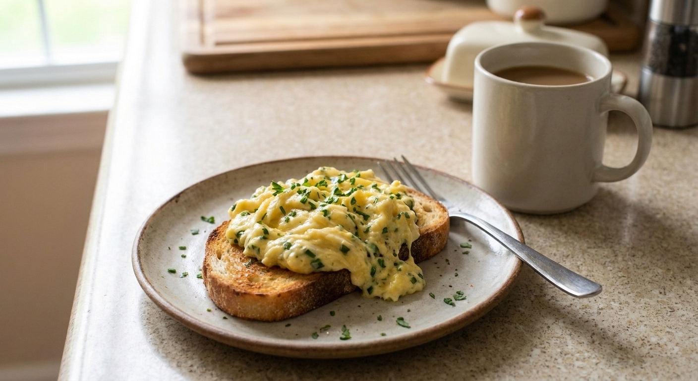 A plated breakfast with soft herby scrambled eggs on toast, a fork on the plate, and a simple mug on a breakfast table