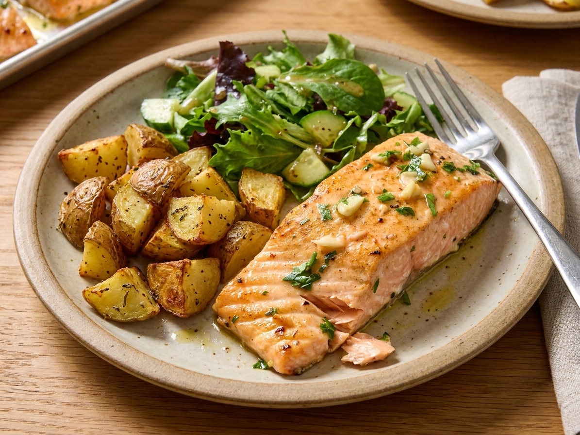 A plated broiled salmon fillet topped with lemon garlic butter and herbs, served with roasted potatoes and a simple green salad on a wooden table
