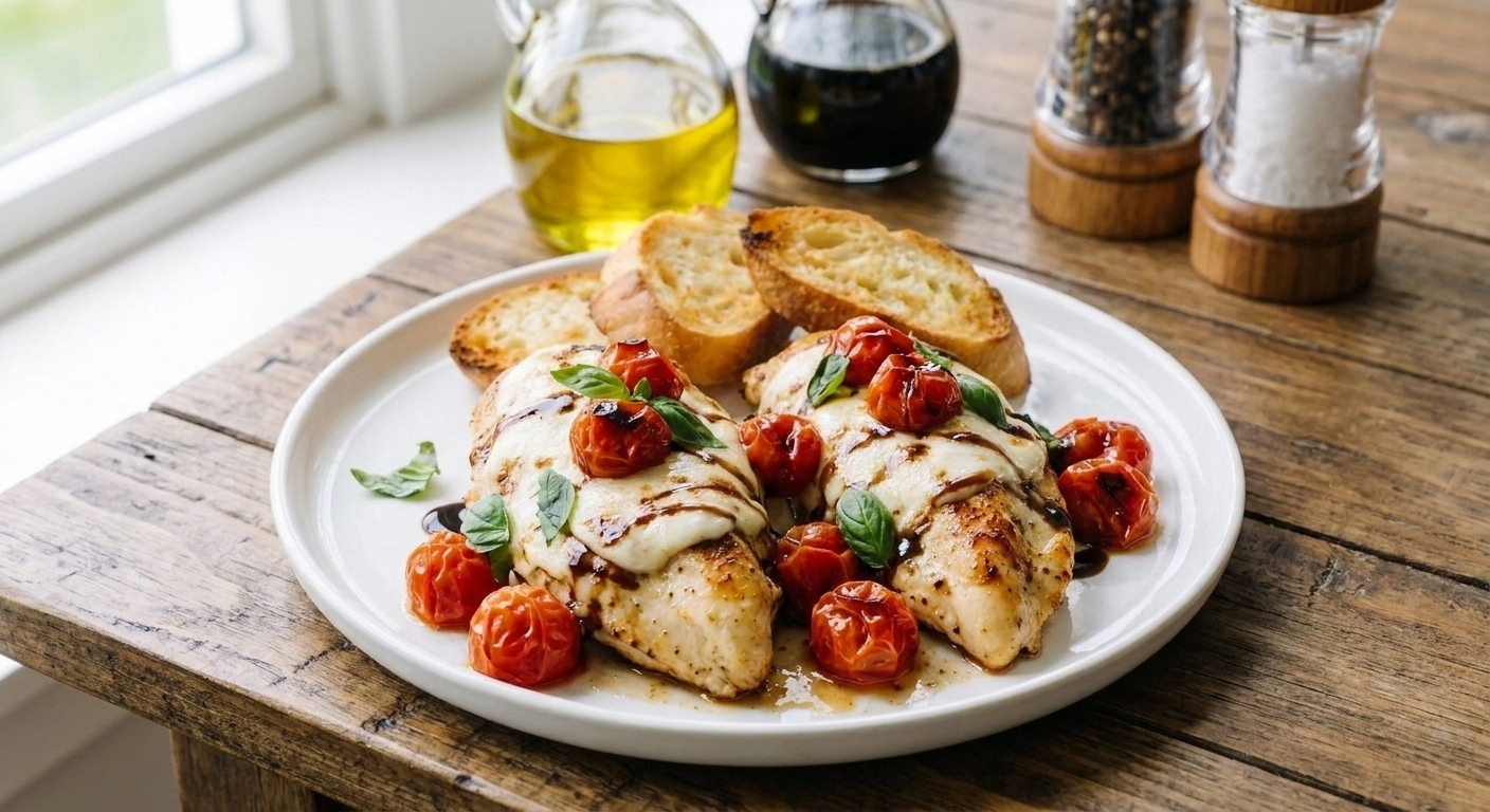A plated caprese chicken breast topped with melted fresh mozzarella, blistered cherry tomatoes, torn basil, and a balsamic glaze drizzle on a white dinner plate on a wooden table