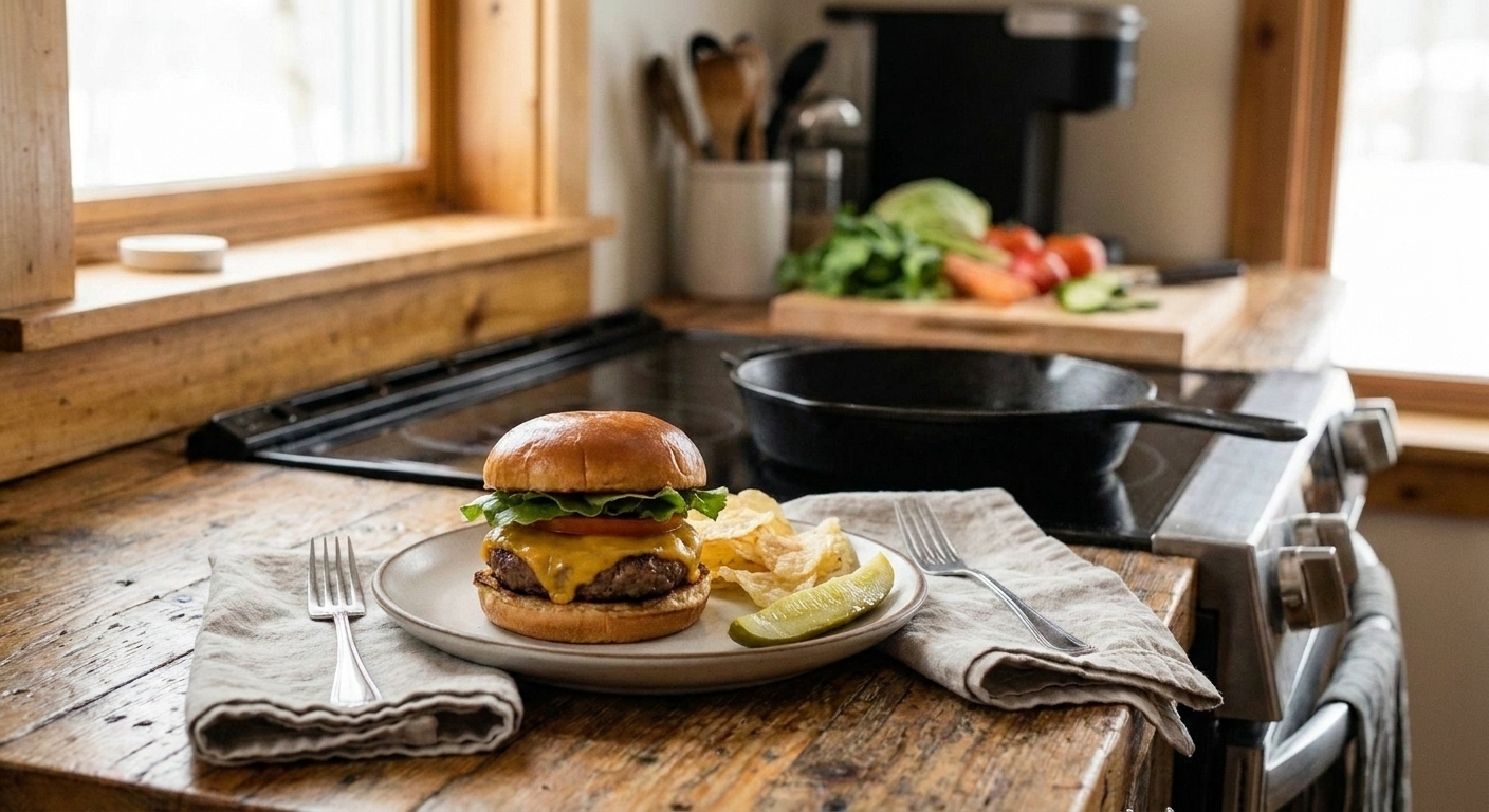 A plated cheeseburger on a simple dinner plate with a casual table setting and soft natural light