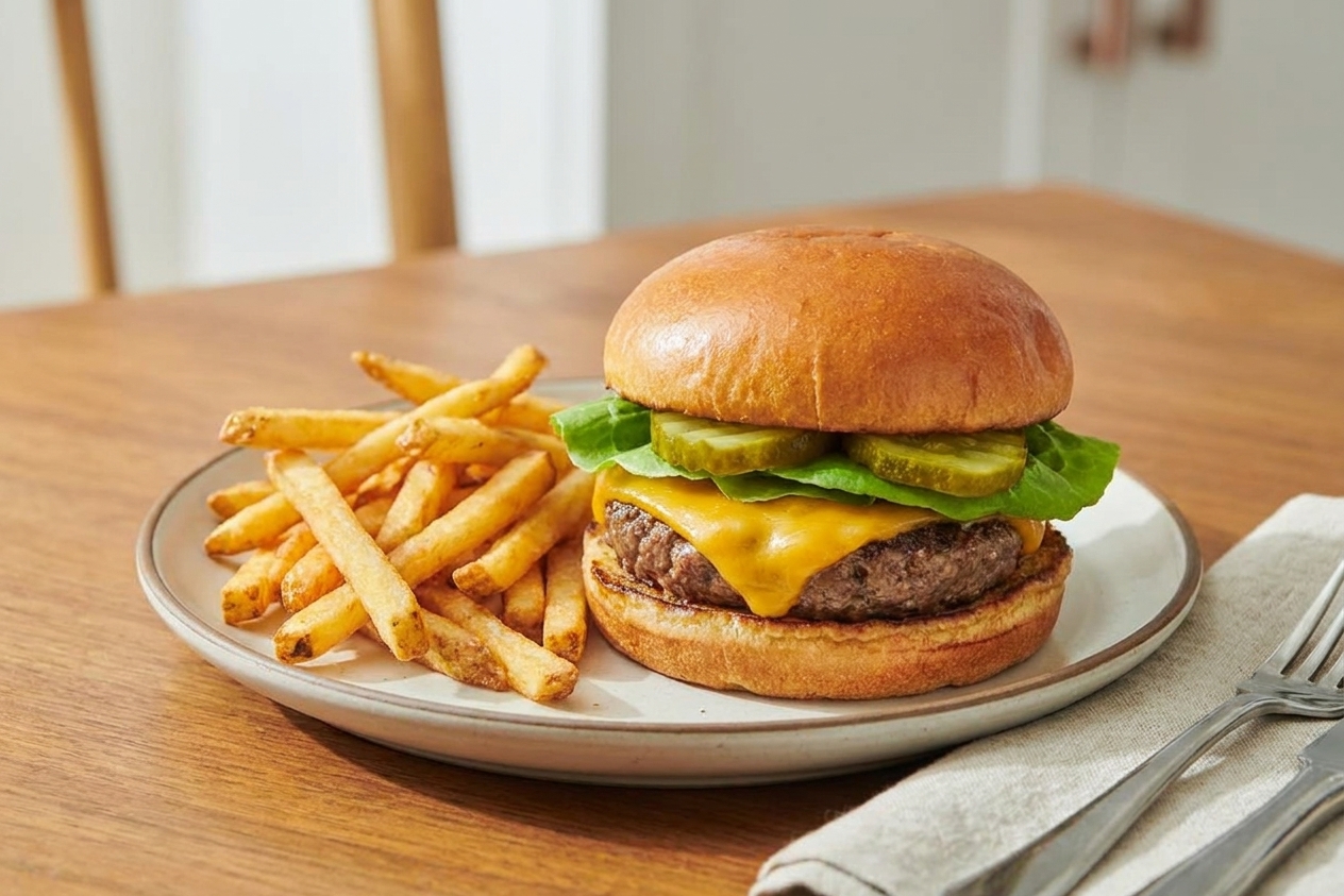 A plated cheeseburger on a toasted bun with lettuce and pickles, served with crispy fries on a simple dinner table