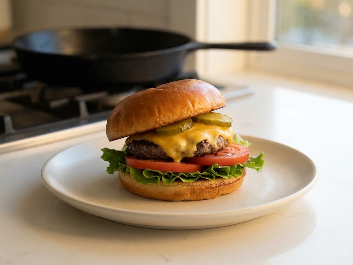 A plated cheeseburger on a toasted bun with lettuce, tomato, and pickles on a simple dinner plate at a kitchen table, soft evening light