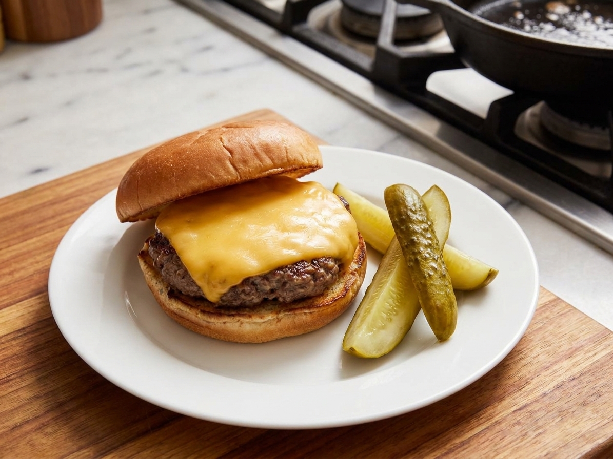 A plated cheeseburger on a toasted bun with melted cheese, served with dill pickle spears on the side on a wooden table