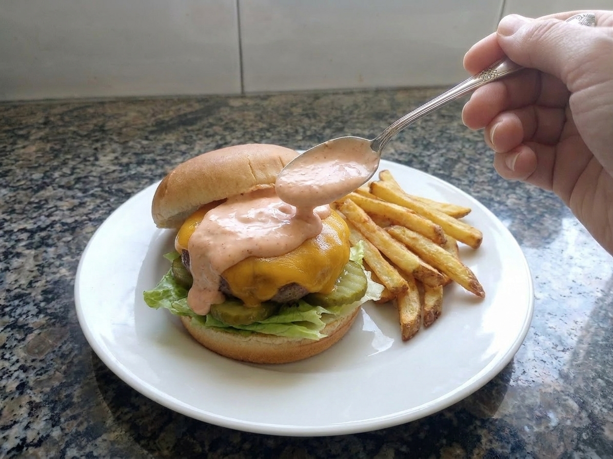 A plated cheeseburger with lettuce and pickles, topped with a generous spoonful of creamy hamburger sauce next to crisp fries