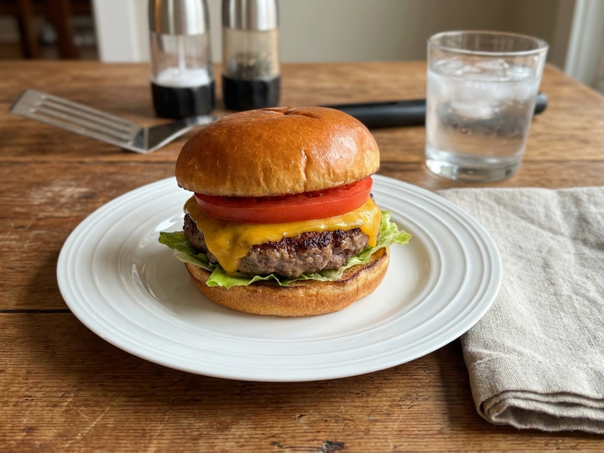 A plated cheeseburger with lettuce and tomato on a simple dinner table setting with a napkin and a glass of water