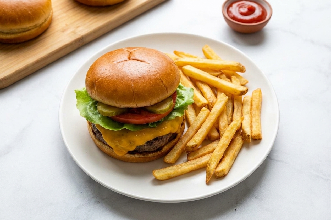 A plated cheeseburger with melted cheese, lettuce, tomato, and pickles on a toasted bun, served with a side of fries on a simple dinner plate