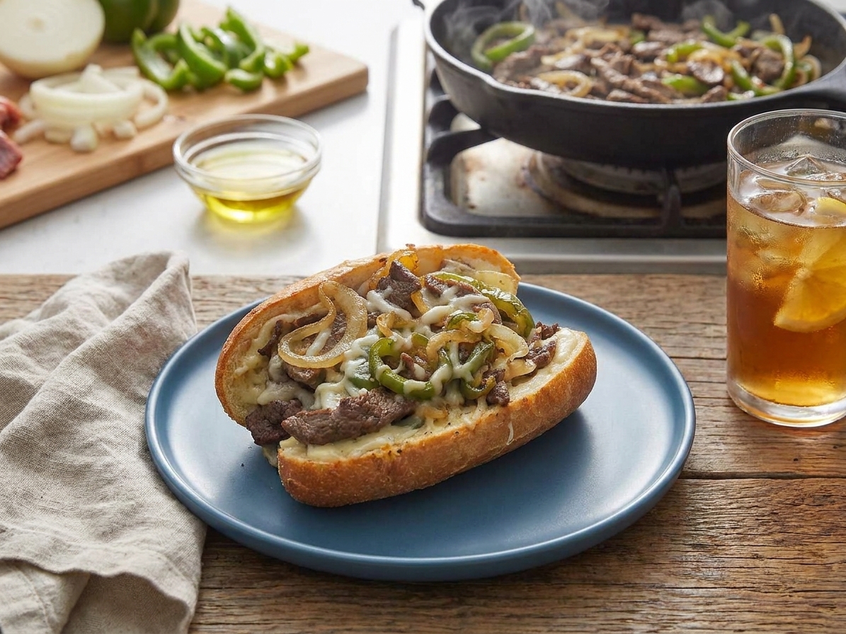 A plated cheesesteak sandwich with melted provolone and sweet golden onions on a simple dinner plate, set on a wooden table with a napkin and a glass of iced tea