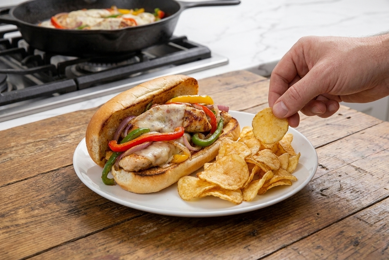 A plated chicken Philly cheesesteak on a white plate with a side of kettle chips on a wooden table